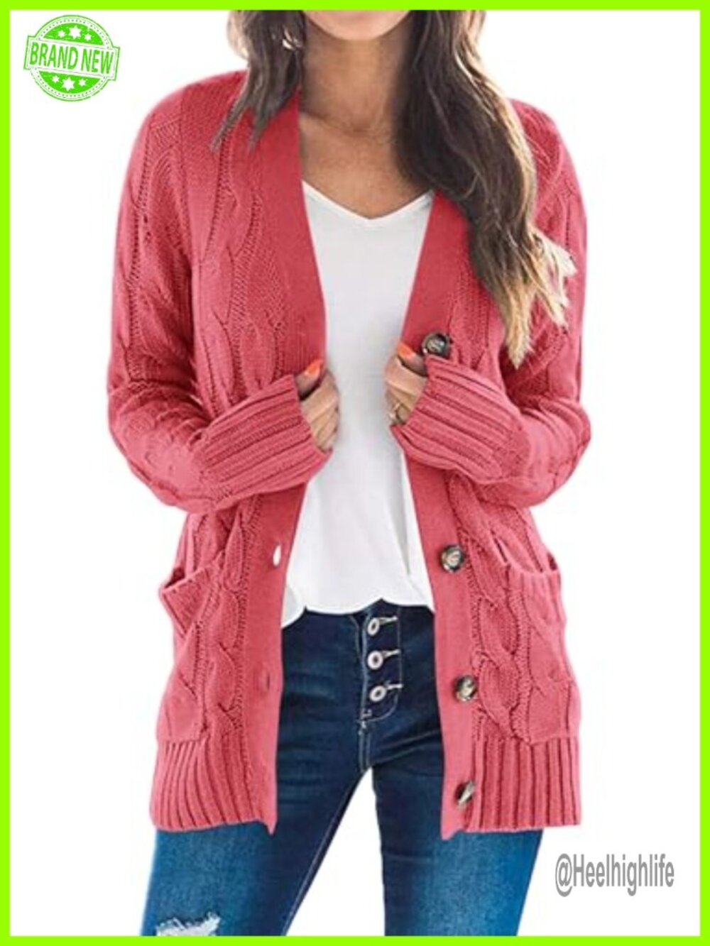 Women Chunky Cable Knit Button Down Cardigan Long Sleeve